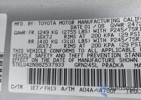 2008 Toyota Tacoma Base V6 из США, поврежденный, VIN 5TELU42N98Z537933